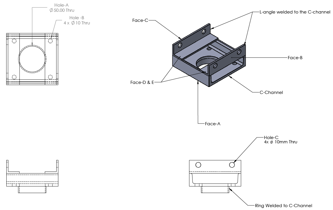Bracket multi-view SolidWorks drawing with Hole A, B, C and face callouts