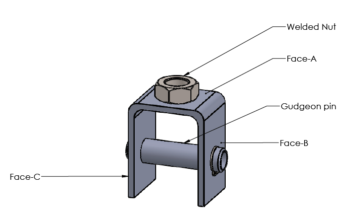 U-link SolidWorks model with welded nut, gudgeon pin and face callouts